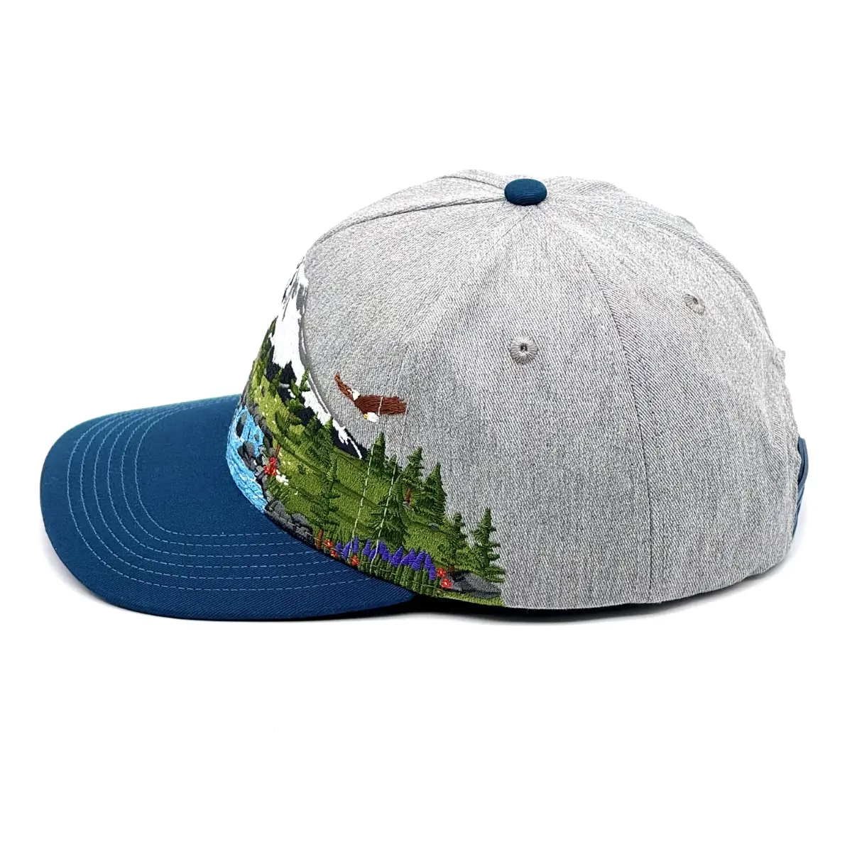 Left photo of embroidered Mt. Rainier National Park Hat